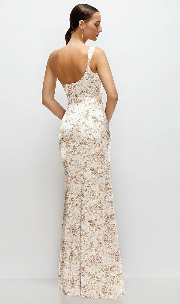 Back View - Golden Hour Floral One-Shoulder Pleated Cat-Eye Neck Fit and Flare Satin Maxi Dress