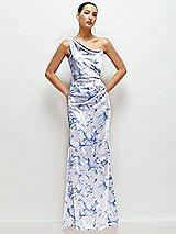 Front View Thumbnail - Magnolia Sky Floral One-Shoulder Pleated Cat-Eye Neck Fit and Flare Satin Maxi Dress