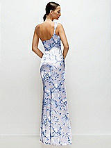 Rear View Thumbnail - Magnolia Sky Floral One-Shoulder Pleated Cat-Eye Neck Fit and Flare Satin Maxi Dress