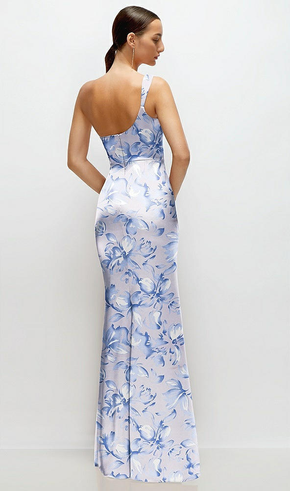 Back View - Magnolia Sky Floral One-Shoulder Pleated Cat-Eye Neck Fit and Flare Satin Maxi Dress