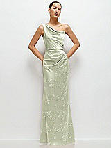 Front View Thumbnail - Vintage Primrose Celadon Floral One-Shoulder Pleated Cat-Eye Neck Fit and Flare Satin Maxi Dress