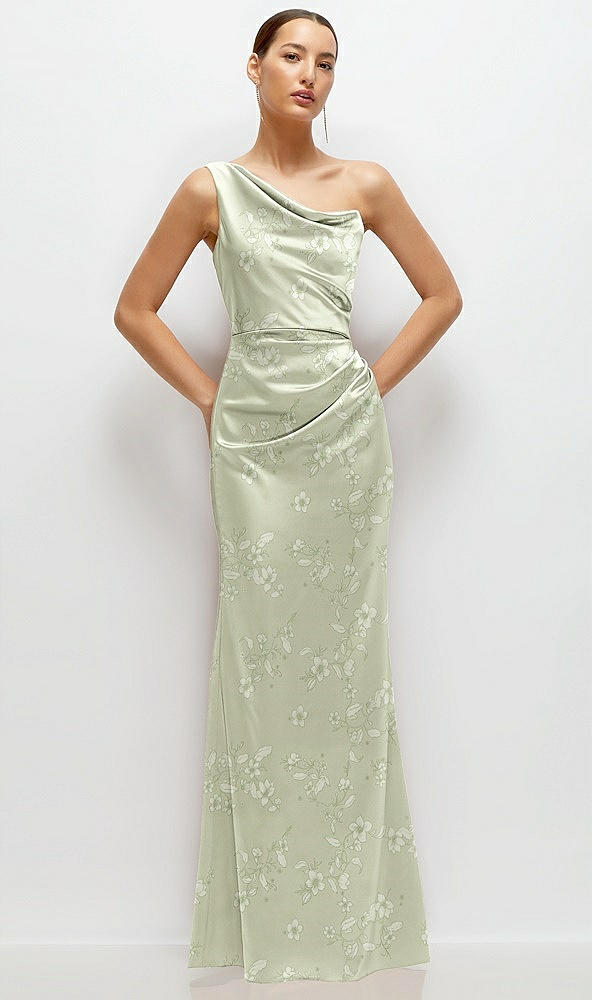 Front View - Vintage Primrose Celadon Floral One-Shoulder Pleated Cat-Eye Neck Fit and Flare Satin Maxi Dress