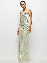 Side View Thumbnail - Vintage Primrose Celadon Floral One-Shoulder Pleated Cat-Eye Neck Fit and Flare Satin Maxi Dress