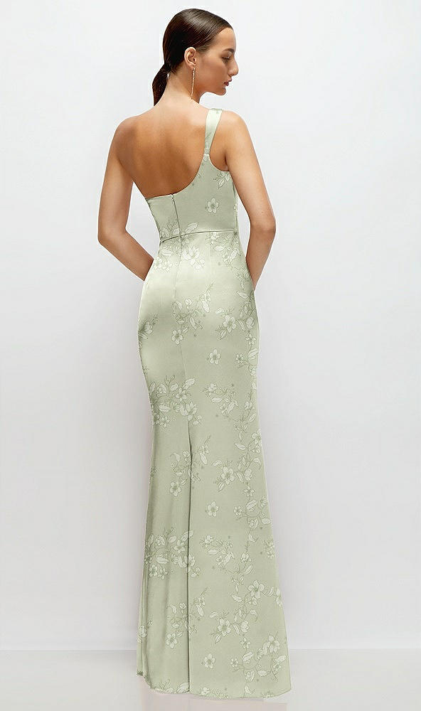 Back View - Vintage Primrose Celadon Floral One-Shoulder Pleated Cat-Eye Neck Fit and Flare Satin Maxi Dress