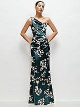 Front View Thumbnail - Vintage Primrose Evergreen Floral One-Shoulder Pleated Cat-Eye Neck Fit and Flare Satin Maxi Dress