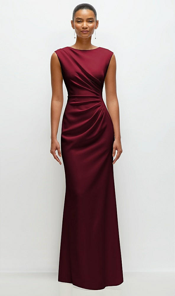 Front View - Burgundy Sleeveless Cap Shoulder Crepe Maxi Dress with Trumpet Skirt