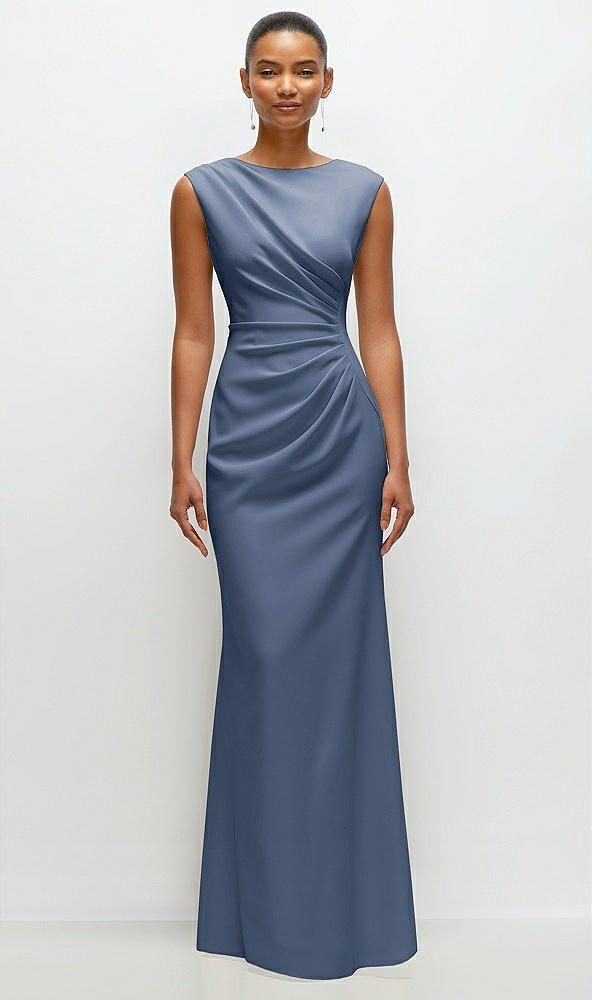 Front View - Larkspur Blue Sleeveless Cap Shoulder Crepe Maxi Dress with Trumpet Skirt