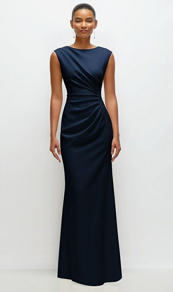 Front View - Midnight Navy Sleeveless Cap Shoulder Crepe Maxi Dress with Trumpet Skirt