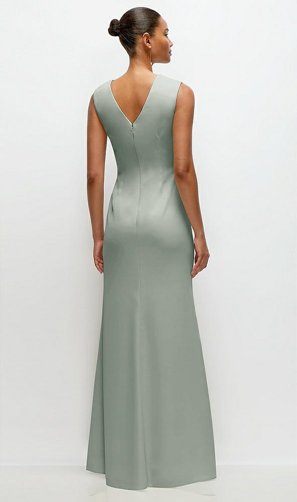 Back View - Willow Green Sleeveless Cap Shoulder Crepe Maxi Dress with Trumpet Skirt