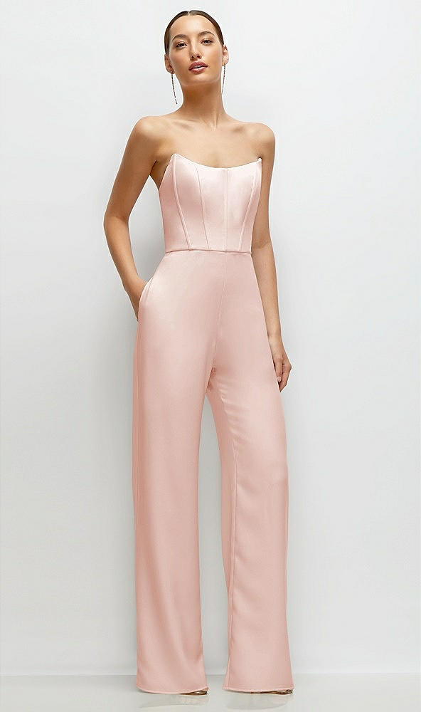 Front View - Blush Strapless Cat-Eye Corset Crepe Wedding Jumpsuit