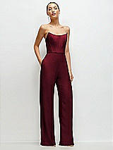 Front View Thumbnail - Burgundy Strapless Cat-Eye Corset Crepe Wedding Jumpsuit