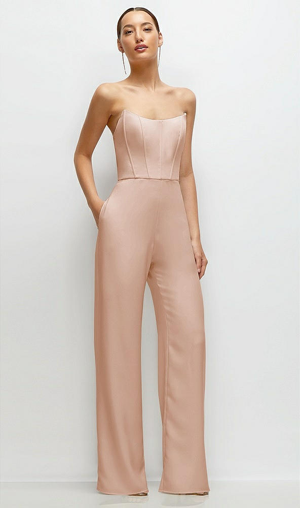 Front View - Cameo Strapless Cat-Eye Corset Crepe Wedding Jumpsuit