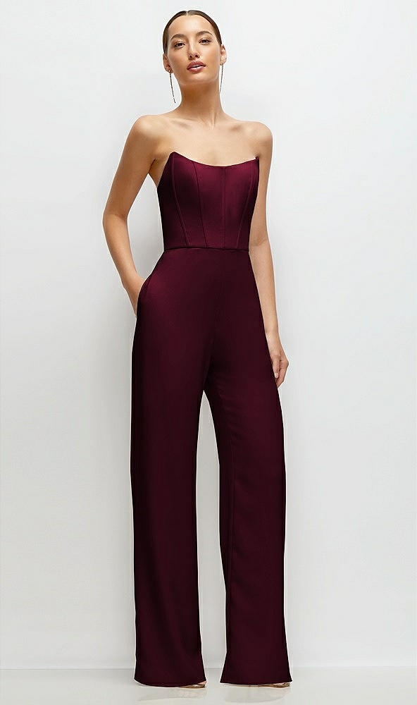 Front View - Cabernet Strapless Cat-Eye Corset Crepe Wedding Jumpsuit