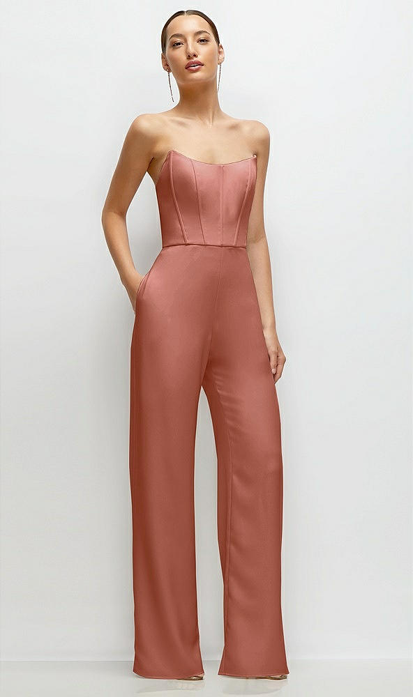 Front View - Desert Rose Strapless Cat-Eye Corset Crepe Wedding Jumpsuit