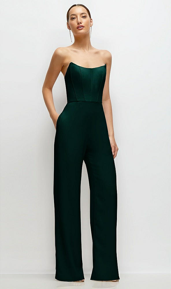 Front View - Evergreen Strapless Cat-Eye Corset Crepe Wedding Jumpsuit