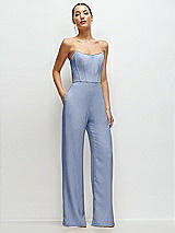 Front View Thumbnail - Sky Blue Strapless Cat-Eye Corset Crepe Wedding Jumpsuit