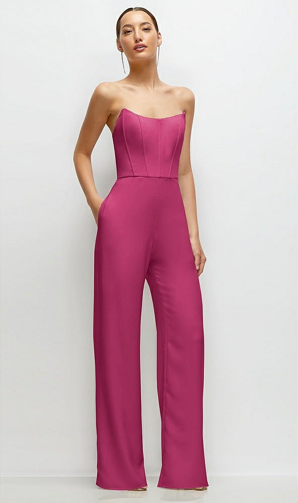 Front View - Tea Rose Strapless Cat-Eye Corset Crepe Wedding Jumpsuit