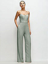 Front View Thumbnail - Willow Green Strapless Cat-Eye Corset Crepe Wedding Jumpsuit