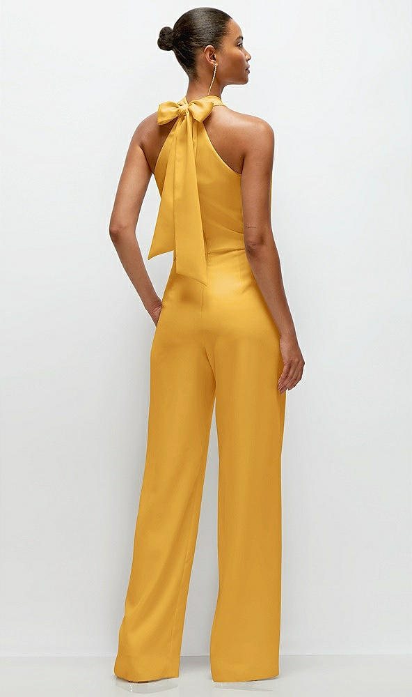 Back View - NYC Yellow Pleated Halter Blouson Crepe Wedding Jumpsuit with Self-Tie Bow Back