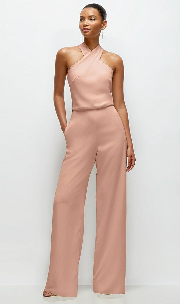 Front View - Pale Peach Pleated Halter Blouson Crepe Wedding Jumpsuit with Self-Tie Bow Back