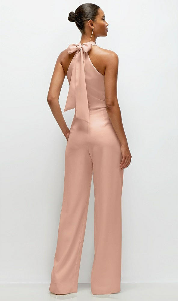 Back View - Pale Peach Pleated Halter Blouson Crepe Wedding Jumpsuit with Self-Tie Bow Back