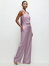 Side View Thumbnail - Suede Rose Pleated Halter Blouson Crepe Wedding Jumpsuit with Self-Tie Bow Back