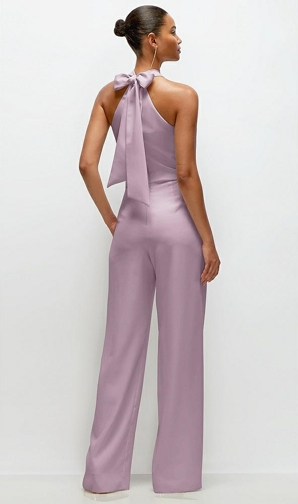 Back View - Suede Rose Pleated Halter Blouson Crepe Wedding Jumpsuit with Self-Tie Bow Back