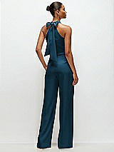 Rear View Thumbnail - Atlantic Blue Pleated Halter Blouson Crepe Wedding Jumpsuit with Self-Tie Bow Back