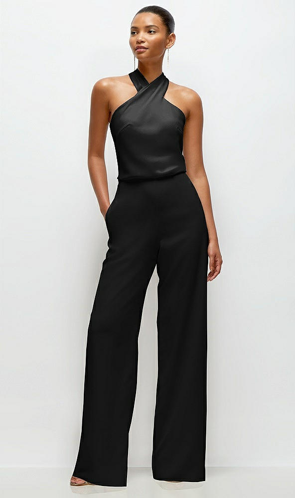 Front View - Black Pleated Halter Blouson Crepe Wedding Jumpsuit with Self-Tie Bow Back