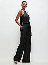 Side View Thumbnail - Black Pleated Halter Blouson Crepe Wedding Jumpsuit with Self-Tie Bow Back