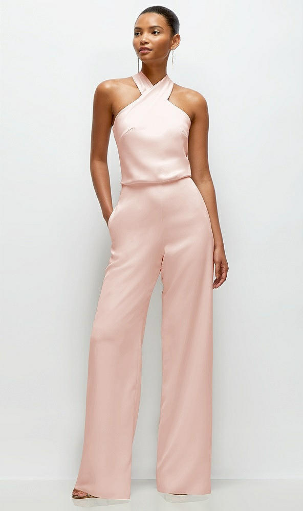 Front View - Blush Pleated Halter Blouson Crepe Wedding Jumpsuit with Self-Tie Bow Back