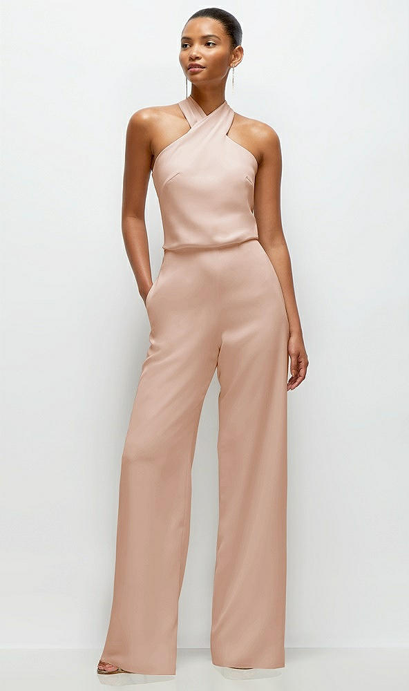 Front View - Cameo Pleated Halter Blouson Crepe Wedding Jumpsuit with Self-Tie Bow Back