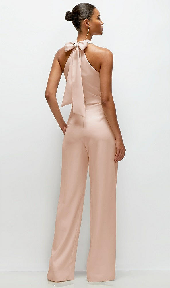 Back View - Cameo Pleated Halter Blouson Crepe Wedding Jumpsuit with Self-Tie Bow Back