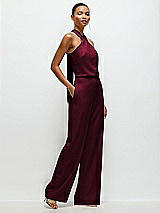 Side View Thumbnail - Cabernet Pleated Halter Blouson Crepe Wedding Jumpsuit with Self-Tie Bow Back