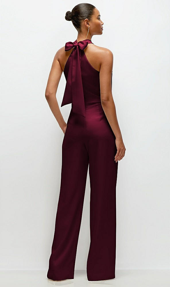 Back View - Cabernet Pleated Halter Blouson Crepe Wedding Jumpsuit with Self-Tie Bow Back