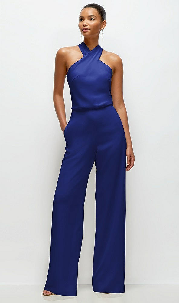 Front View - Cobalt Blue Pleated Halter Blouson Crepe Wedding Jumpsuit with Self-Tie Bow Back