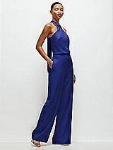 Side View Thumbnail - Cobalt Blue Pleated Halter Blouson Crepe Wedding Jumpsuit with Self-Tie Bow Back