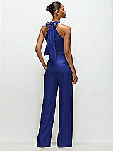 Rear View Thumbnail - Cobalt Blue Pleated Halter Blouson Crepe Wedding Jumpsuit with Self-Tie Bow Back