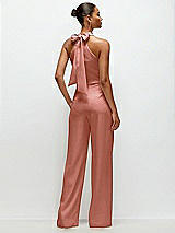 Rear View Thumbnail - Desert Rose Pleated Halter Blouson Crepe Wedding Jumpsuit with Self-Tie Bow Back