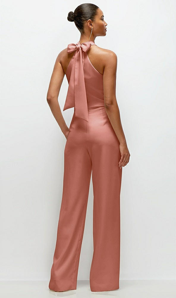 Back View - Desert Rose Pleated Halter Blouson Crepe Wedding Jumpsuit with Self-Tie Bow Back