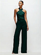 Front View Thumbnail - Evergreen Pleated Halter Blouson Crepe Wedding Jumpsuit with Self-Tie Bow Back