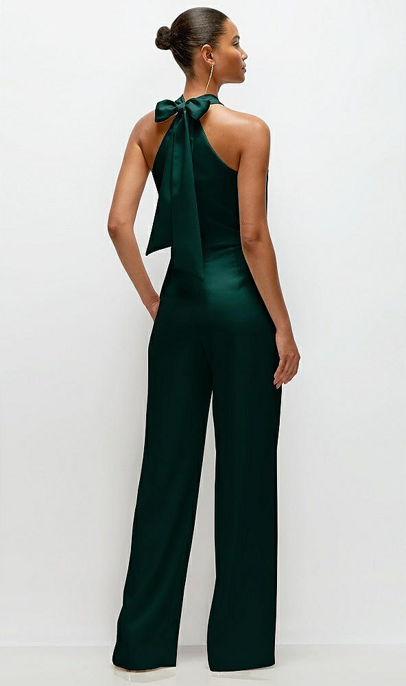 Back View - Evergreen Pleated Halter Blouson Crepe Wedding Jumpsuit with Self-Tie Bow Back