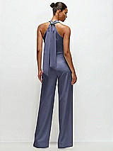 Alt View 1 Thumbnail - French Blue Pleated Halter Blouson Crepe Wedding Jumpsuit with Self-Tie Bow Back