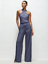 Front View Thumbnail - French Blue Pleated Halter Blouson Crepe Wedding Jumpsuit with Self-Tie Bow Back