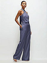 Side View Thumbnail - French Blue Pleated Halter Blouson Crepe Wedding Jumpsuit with Self-Tie Bow Back