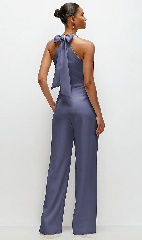 Back View - French Blue Pleated Halter Blouson Crepe Wedding Jumpsuit with Self-Tie Bow Back