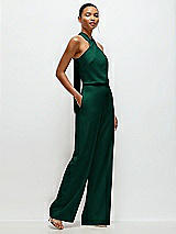 Side View Thumbnail - Hunter Green Pleated Halter Blouson Crepe Wedding Jumpsuit with Self-Tie Bow Back