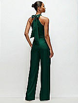 Rear View Thumbnail - Hunter Green Pleated Halter Blouson Crepe Wedding Jumpsuit with Self-Tie Bow Back