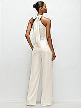 Rear View Thumbnail - Ivory Pleated Halter Blouson Crepe Wedding Jumpsuit with Self-Tie Bow Back