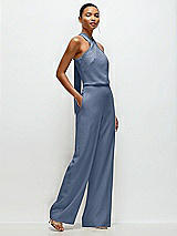 Side View Thumbnail - Larkspur Blue Pleated Halter Blouson Crepe Wedding Jumpsuit with Self-Tie Bow Back